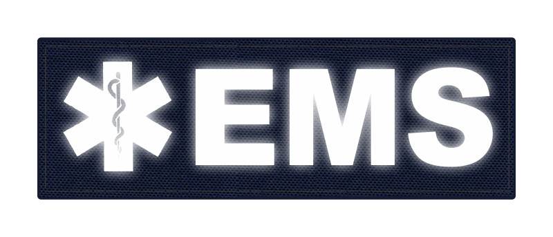 EMS Patch - Star of Life - 6x2 - Reflective Lettering - Navy Backing - Hook Fabric - Click for larger image EMS Patch - Star of Life - 6x2 - Reflective Lettering - Navy Backing - Hook Fabric