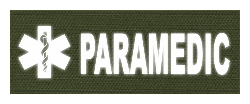 PARAMEDIC STAR OF LIFE Patch - 11x4 - Reflective Lettering - OD Green Backing - Hook - Click for larger image PARAMEDIC STAR OF LIFE Patch - 11x4 - Reflective Lettering - OD Green Backing - Hook