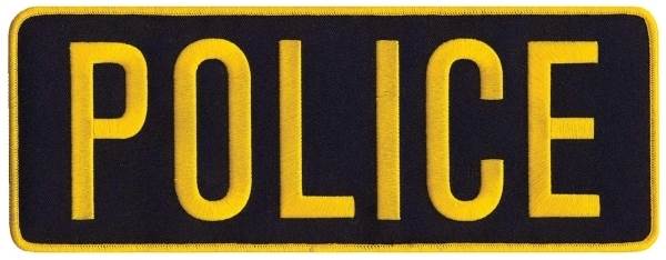 POLICE Back Patch - 11 x 4 - Gold Lettering - Navy Backing - Click for larger image POLICE Back Patch - 11 x 4 - Gold Lettering - Navy Backing