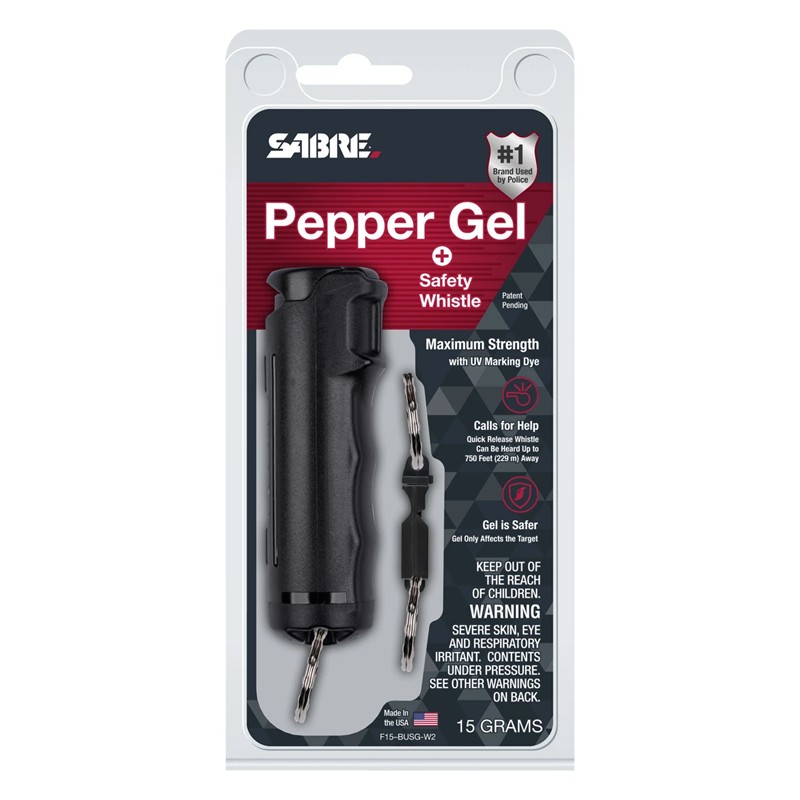 Sabre 2-in-1 Pepper GEL with Detachable Safety Whistle Keychain - Black - Click for larger image Sabre 2-in-1 Pepper GEL with Detachable Safety Whistle Keychain - Black