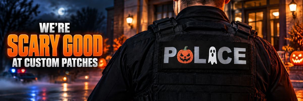 Special ID Patch - SPOOKY POLICE - Gray Text - Black Backing - Hook Base - Click for larger image Special ID Patch - SPOOKY POLICE - Gray Text - Black Backing - Hook Base